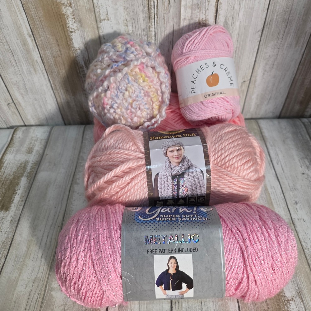 Pink Yarn Lot Lion Brand Hometown Hobby Lobby Metallic Peaches & Creme 4 Skeins